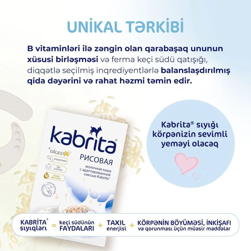 Sıyıq Kabrita Düyü keçi südündə, 4 aydan, 180 q (8716677006369). Sıyıq Kabrita Düyü keçi südündə, 4 aydan, 180 q (8716677006369).