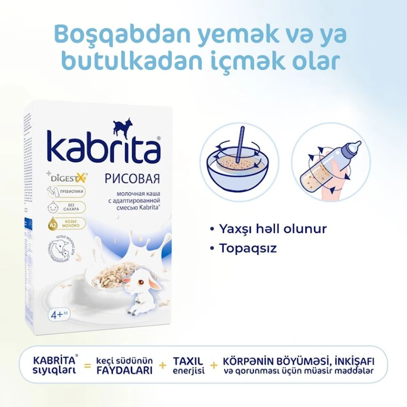 Sıyıq Kabrita Düyü keçi südündə, 4 aydan, 180 q (8716677006369). Sıyıq Kabrita Düyü keçi südündə, 4 aydan, 180 q (8716677006369).