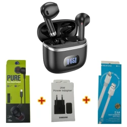 Simsiz qulaqlıqlar Hoco EQ1 Black + Hədiyyə Simli qulaqlıqlar Strap Pure + Şəbəkə enerji toplama cihazı Samsung 25W + USB kabel Borofone BX89