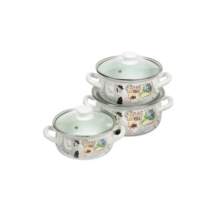 Набор кастрюль Керченская эмаль Фиалка Монмартра-Экстра, 3 шт, 1500/2000/3000 мл, сталь, с крышкой, белый/серый