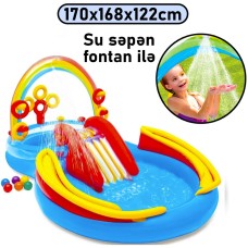 Şişmə hovuz Intex 227TX57453, sürüşmə təpəcik və su səpən ilə, rəngarəng, çoxgüşəli, 297x193x135 sm, həcm 227 l - 227TX57453