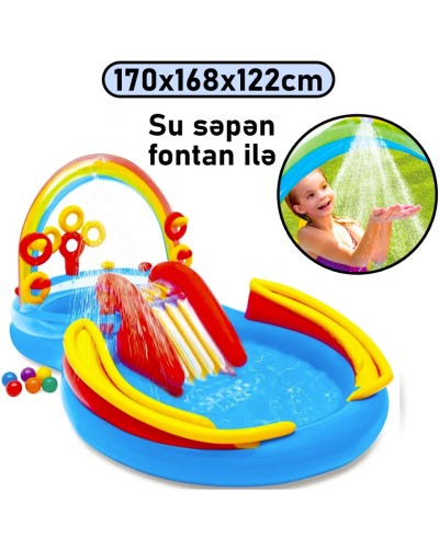 Şişmə hovuz Intex 227TX57453, sürüşmə təpəcik və su səpən ilə, rəngarəng, çoxgüşəli, 297x193x135 sm, həcm 227 l - 227TX57453