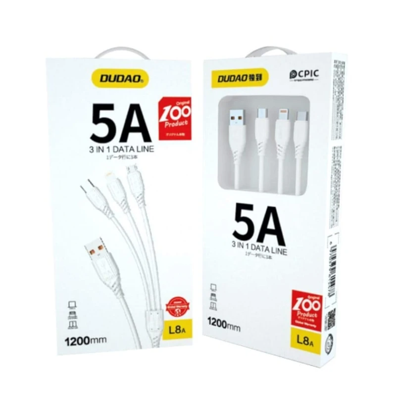 Кабель USB Dudao 5A 3-in-1 USB to Lightning/Type-C/MicroUSB, белый Кабель USB Dudao 5A 3-in-1 USB to Lightning/Type-C/MicroUSB, белый