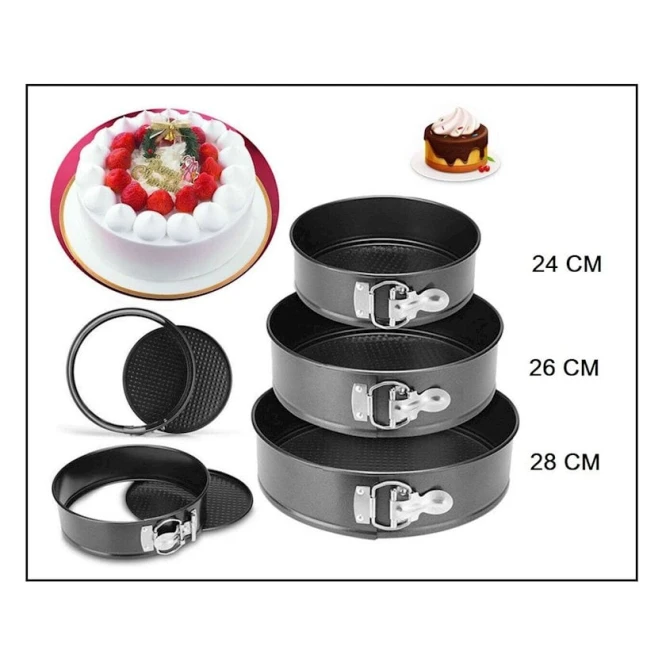 Bişirmə üçün qəlib dəsti Cake Mould, 22/24/26 sm, dairə, paslanmayan polad, qara