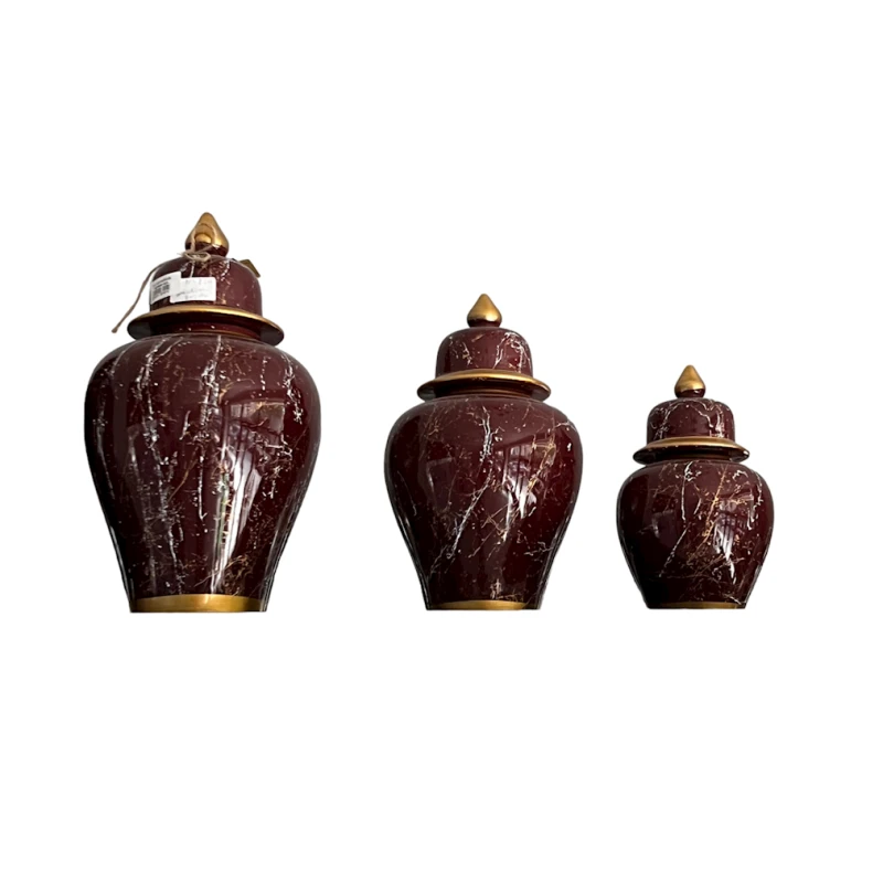 Набор декоративных банок Bianco CO17, 3 шт, керамика, темно-красный/мраморный, 24x13 см, 31x17 см, 39x21 см