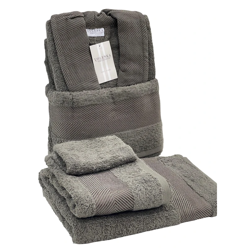 Банный набор Volenka SHA-00002612 халат + банное полотенце 70х140 см + полотенце для рук 50х90 см + мочалка-перчатка, коричневый Банный набор Volenka SHA-00002612 халат + банное полотенце 70х140 см + полотенце для рук 50х90 см + мочалка-перчатка, коричневый