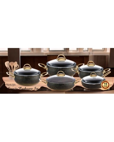 Qazan dəsti Oncu, 16 parça, granit, Türkiyə istehsalı, dərin qazanlar 20 sm, 24 sm, 30 sm (böyük ölçü), dayaz qazan 28 sm, tava 28 sm (qapaqlı), ən çox satılan model - QZİR-TAP-003