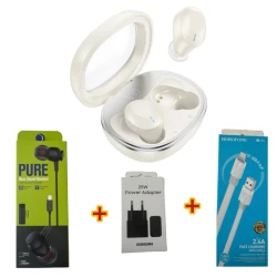 Simsiz qulaqlıqlar Hoco EQ3 Beige + Hədiyyə Simli qulaqlıqlar Strap Pure + Şəbəkə enerji toplama cihazı Samsung 25W + USB kabel Borofone BX89
