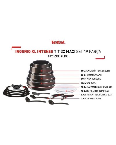 Tava dəsti Tefal Ingenio XL Intense, titan, qara, 16/20/22/24/26/28 sm, 19 əd