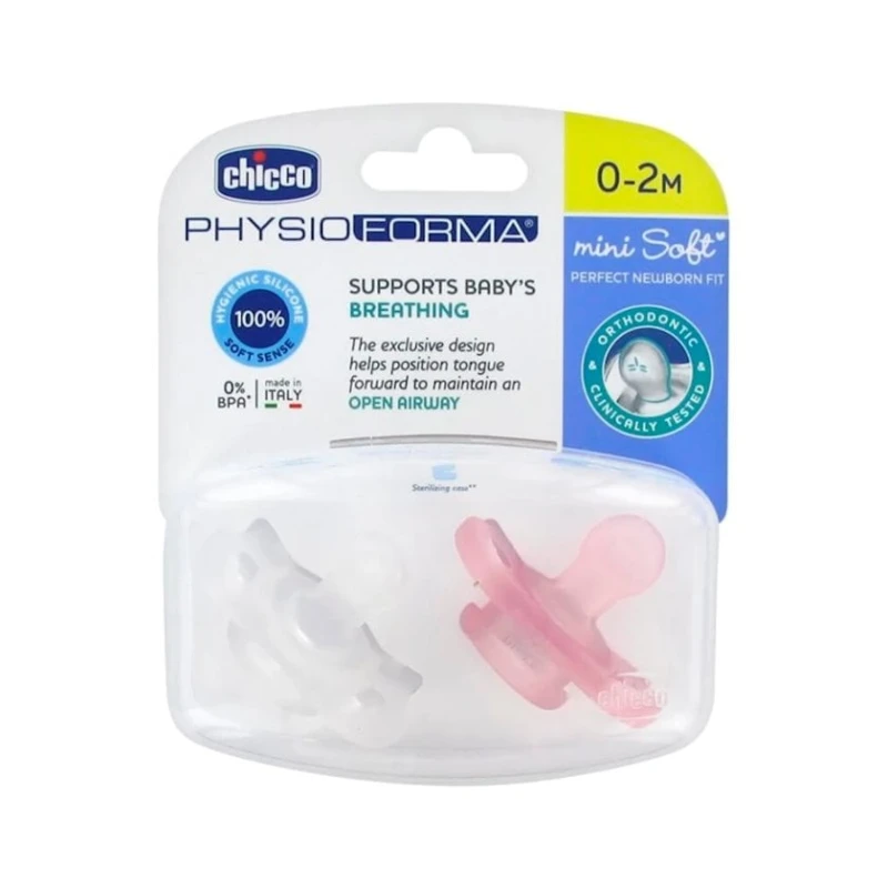 Набор пустышек Chicco Physio Forma Mini Soft Girl, 0-2 месяца, силикон, 2 шт, розовый