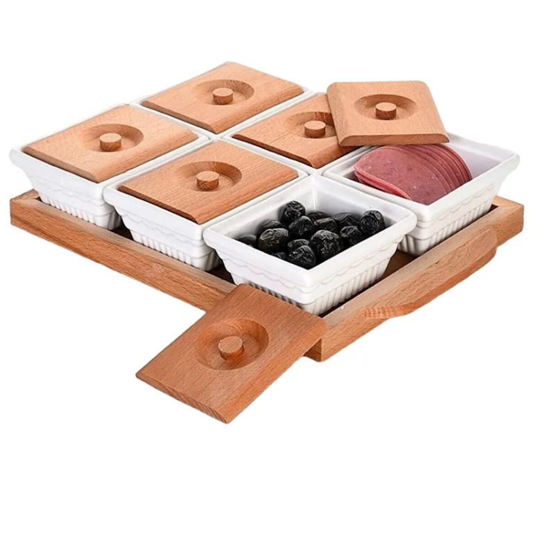 Набор мисок для завтрака SS-230, 6 шт, керамика/дерево, с подставкой, белый/коричневый