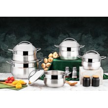 Qazan dəsti Ozlife Osaka, 10 parça, paslanmayan polad 304, qapaqla, gümüşü, gümüşü qulplu, Türkiyə istehsalı, 2.5 l (18 sm), 3.2 l (20 sm), 4.5 l (22 sm), 6.3 l (24 sm), 11 l (28 sm) - maxi-sweet-TP1644493