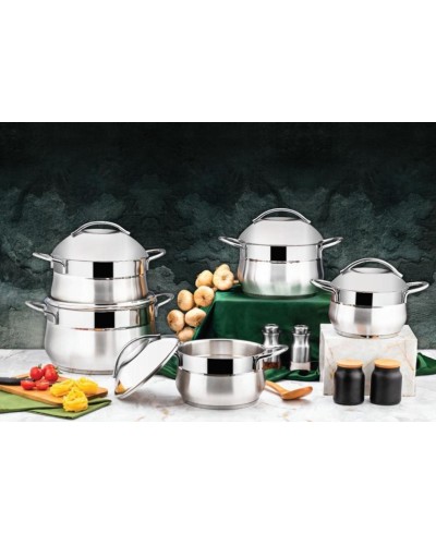 Qazan dəsti Ozlife Osaka, 10 parça, paslanmayan polad 304, qapaqla, gümüşü, gümüşü qulplu, Türkiyə istehsalı, 2.5 l (18 sm), 3.2 l (20 sm), 4.5 l (22 sm), 6.3 l (24 sm), 11 l (28 sm) - maxi-sweet-TP1644493