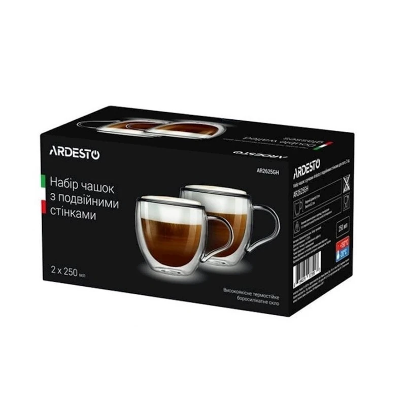Набор чашек Ardesto 2 шт, 250 мл, стекло, прозрачный Набор чашек Ardesto 2 шт, 250 мл, стекло, прозрачный