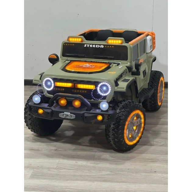 Uşaq elektrik avtomobili TRUCK-JEEP 600 slm-azr401, 4 motor, rezin təkərlər, işıqlı faralar, dəri oturacaqlar, mp3, 1-5 yaş, narıncı/xaki