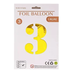 Folq balonu qızılı, 3 rəqəmi, ad günü üçün, 1 ədəd