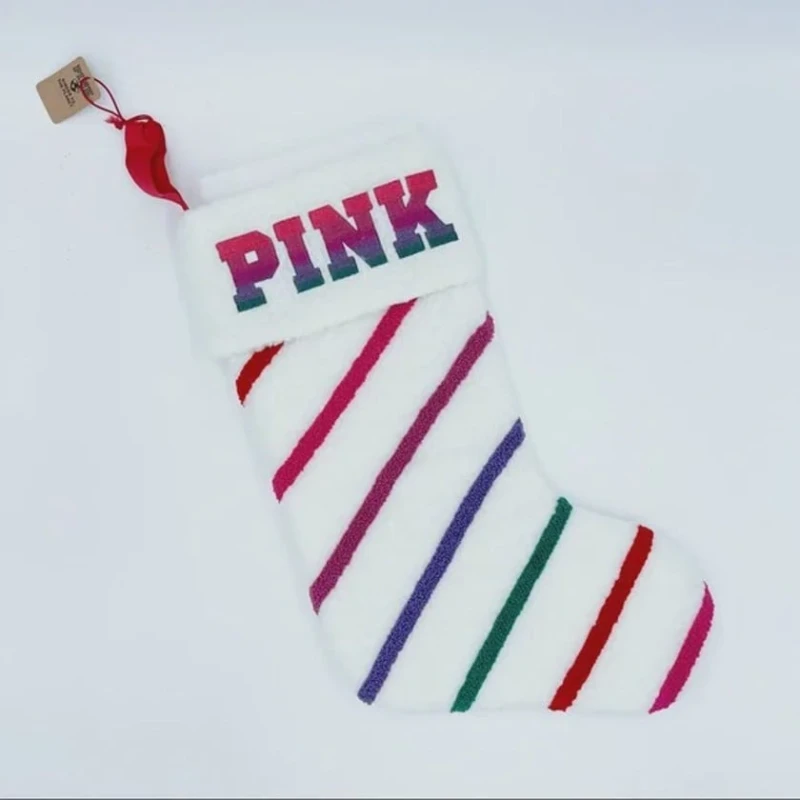 Yeni il üçün dekorativ corab Victoria's Secret Pink Striped Sherpa, 18 sm, rəngbərəng