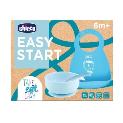 Qab-qacaq dəsti Chicco Easy Start, 3 parça, silikon, 6+ ay, mavi