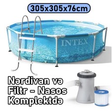 Hovuz Intex 4485TX28208N, karkas, nərdivan və filtr-nasoslu, dairəvi, 305x305x76 sm, həcm 4485 l, mavi - 4485TX28208N