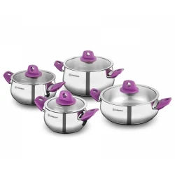 Набор кастрюль Korkmaz A1935 Erguvan 16х10/20x11/24x9/24x14 см, 8 шт, нержавеющая сталь, с крышкой, серебристый/розовый