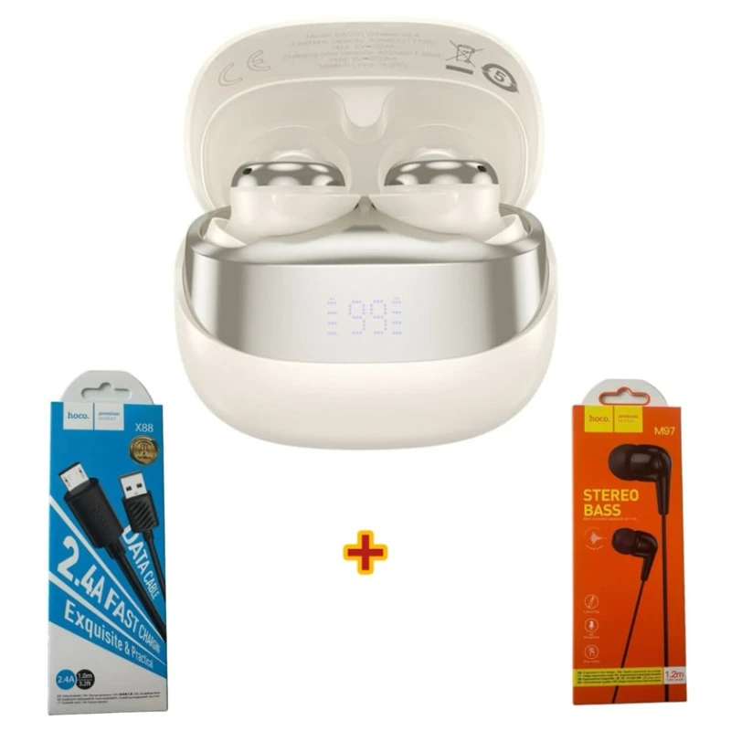 Беспроводные наушники hoco ew200 cream + наушники + кабель для зарядки