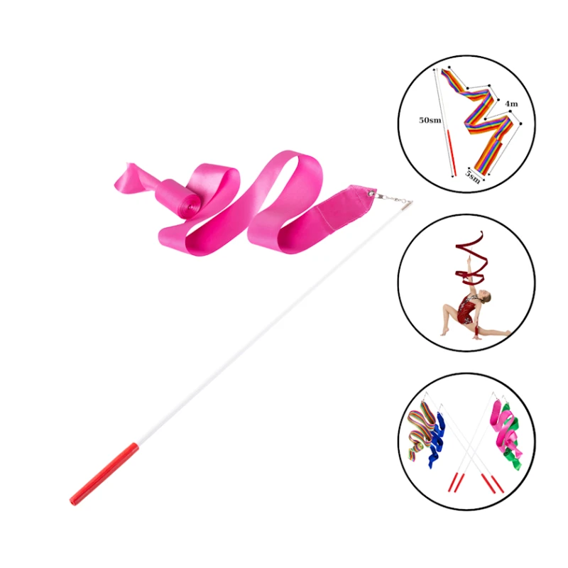 Палочка с лентой для художественной гимнастики FİG Sport 1514, сатин, длина палки 50 см, 400x5 см, розовая