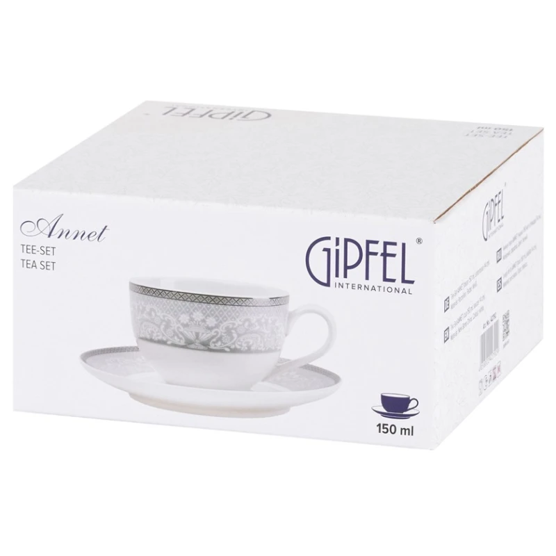 Чайная пара Gipfel Annet 42792, 150 мл, фарфор, белая/серая Чайная пара Gipfel Annet 42792, 150 мл, фарфор, белая/серая