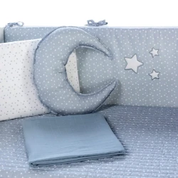 Uşaq yataq dəsti Funna baby Stars, 7 hissə, yorğan üzü 100x150 sm, tikilmiş iç yorğan, baş üçün qoruma 45x70 sm, yan qoruma 45x130 sm - 2 əd, mələfə, yastıq üzü 35x45 sm, dekorativ yastıq 40x40 sm, pambıq, boz