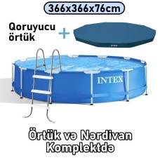 Hovuz Intex, karkas, dairəvi, 366x366x76 sm, həcm 6503 l, nərdivanlı, örtüklü, mavi, 6503TX28210NC - 6503TX28210NC