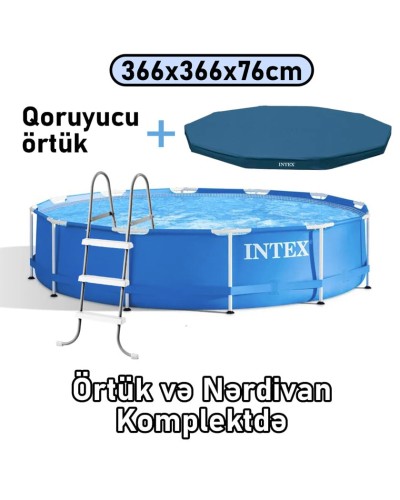 Hovuz Intex, karkas, dairəvi, 366x366x76 sm, həcm 6503 l, nərdivanlı, örtüklü, mavi, 6503TX28210NC - 6503TX28210NC