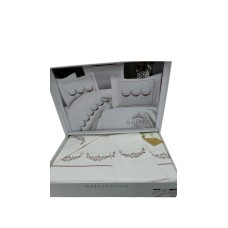 Yataq dəsti NV23 yorğan üzü 200x220 sm, mələfə 240x260 sm, 4 yastıq üzü 50x70 sm, pambıq, ağ/çəhrayı