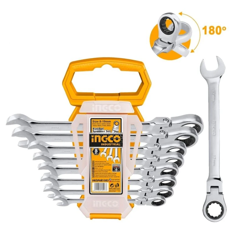 Набор ключей с трещоткой Ingco HKSPAR1083, 8 предметов, серебристый