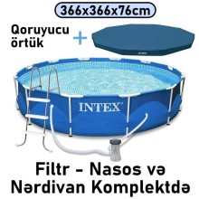 Hovuz Intex 6503TX28212NC, karkas, nərdivan, örtük, filtr-nasos, dairə, 366x366x76 sm, həcm 6503 l, mavi - 6503TX28212NC