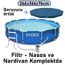 Hovuz Intex 6503TX28212NC, karkas, nərdivan, örtük, filtr-nasos, dairə, 366x366x76 sm, həcm 6503 l, mavi - 6503TX28212NC