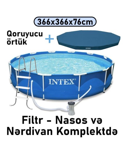 Hovuz Intex 6503TX28212NC, karkas, nərdivan, örtük, filtr-nasos, dairə, 366x366x76 sm, həcm 6503 l, mavi - 6503TX28212NC