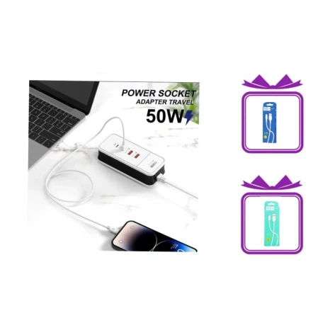 Şəbəkəli filtr 2xUSB2XPD 50W, 4 port, hədiyyə + 2 USB kabel