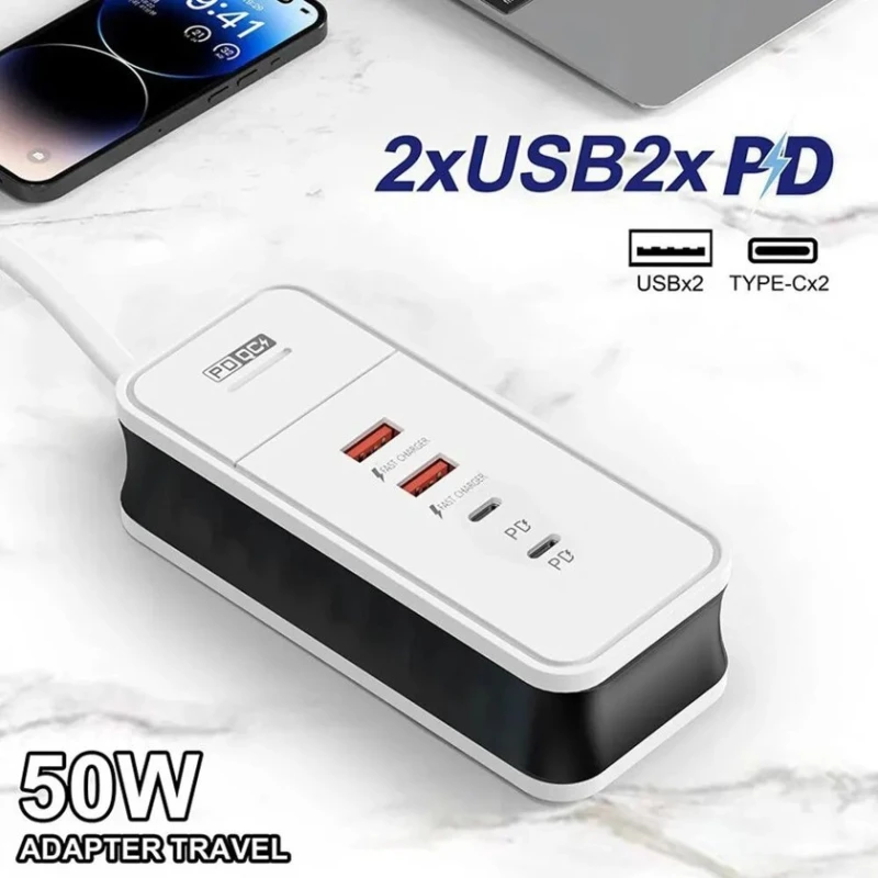 Şəbəkəli filtr 2xUSB2XPD 50W, 4 port, hədiyyə + 2 USB kabel