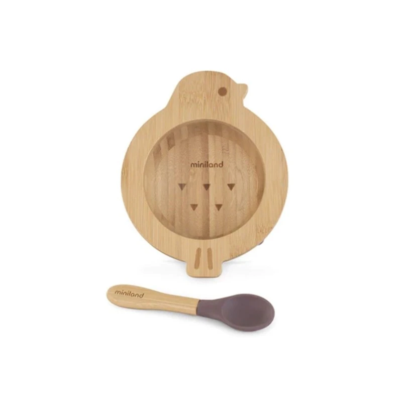 Миска Miniland Chick с вакуумной присоской и ложкой, 6+ месяцев, коричневая
