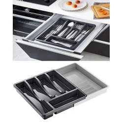 Лоток для столовых приборов JD69, раздвижной, 30x34x5 см, пластик, черный/серый