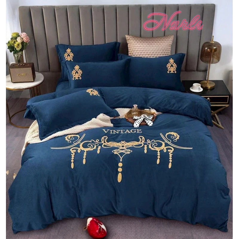 Yataq dəsti Narlı 000433, yorğan üzü 200x230 sm, mələfə 245x250 sm, yastıq üzü 50х70 sm, avro, velür, göy