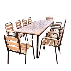 Nahar masa dəsti, qara dəmir, qəhvəyi taxta, 1 masa 80x280x75 sm, 10 oturacaq 55x88 sm - asg_8