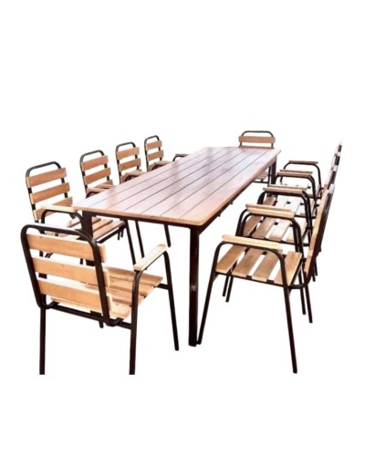 Nahar masa dəsti, qara dəmir, qəhvəyi taxta, 1 masa 80x280x75 sm, 10 oturacaq 55x88 sm - asg_8