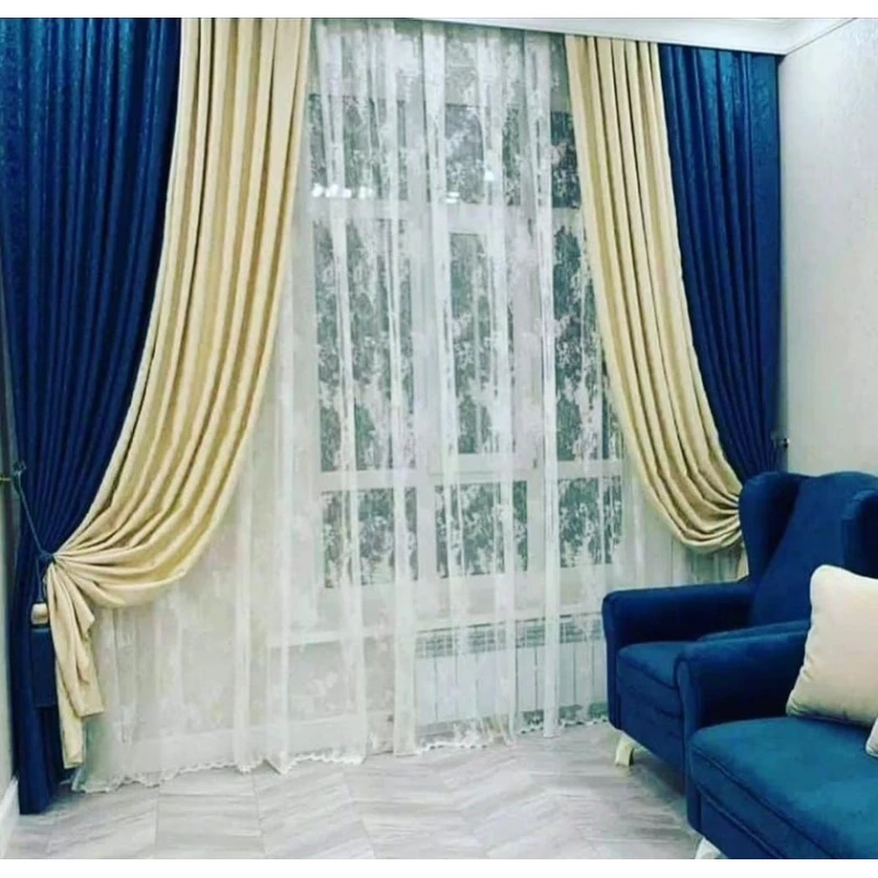 Шторы, нейлон/велюр/полиэстер, бежевые/синие, 300x300 см Шторы, нейлон/велюр/полиэстер, бежевые/синие, 300x300 см