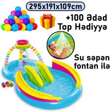 Şişmə hovuz Intex, su təpəciyi və su səpən ilə, çoxgüşəli, 295x191x109 sm, həcm 374 l, 374TX56137T100, rəngarəng - 374TX56137T100