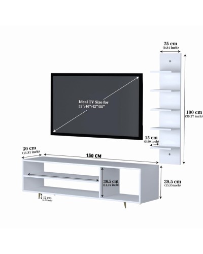TV üçün tumba dəsti Ev Plus Minola, LDSP, ağ, 150x39x30 sm