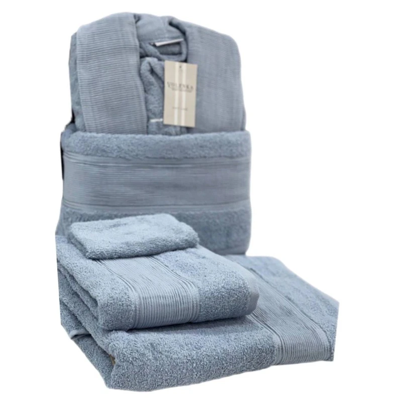 Банный набор Volenka SHA-00002611 халат + банное полотенце 70х140 см + полотенце для рук 50х90 см + мочалка-перчатка, голубой