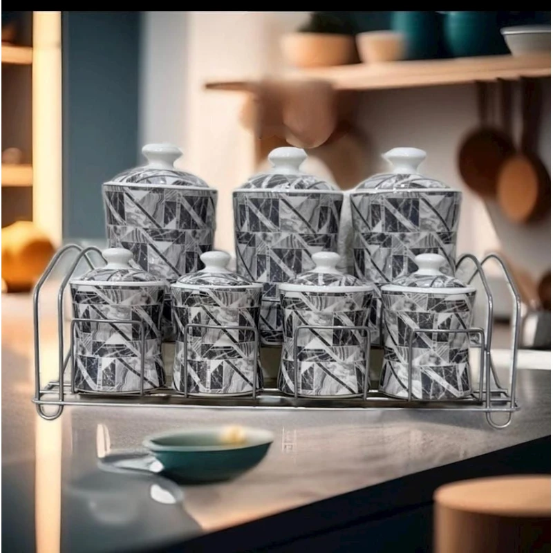 Набор емкостей для хранения специй 103, керамика, 7 шт, серый/белый