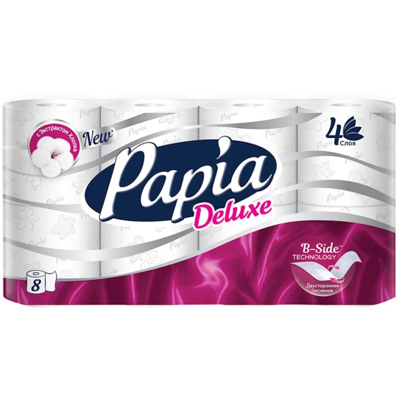 Туалетная бумага Papia Deluxe, 4-х слойная, 8 рулонов