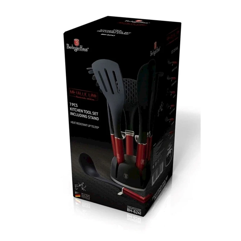 Набор кухонных принадлежностей Berlinger Haus Burgundy BH6241, 8 шт, нейлон, на подставке, черный/красный