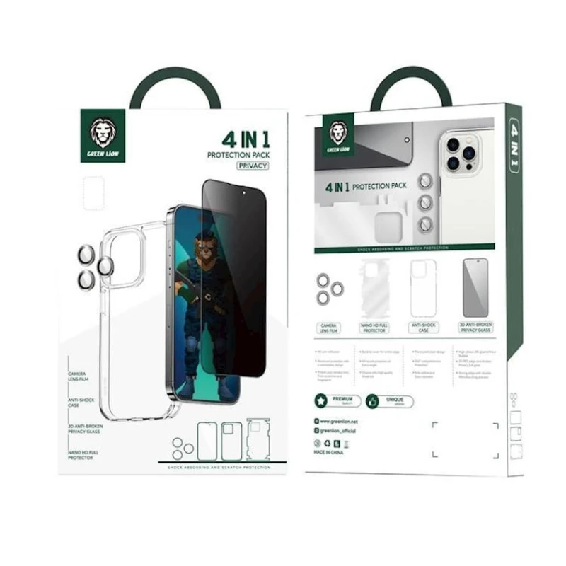 Чехол+стекло Green Lion 4-in-1 Protection Pack для Apple iPhone 14 Pro Max Transparent/Silver Чехол+стекло Green Lion 4-in-1 Protection Pack для Apple iPhone 14 Pro Max Transparent/Silver